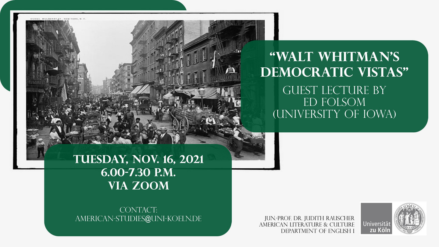 Poster for the guest lecture "Walt Whitman's Democratic Vistas" featuring a photo of a busy NYC street during the late 19th century.
