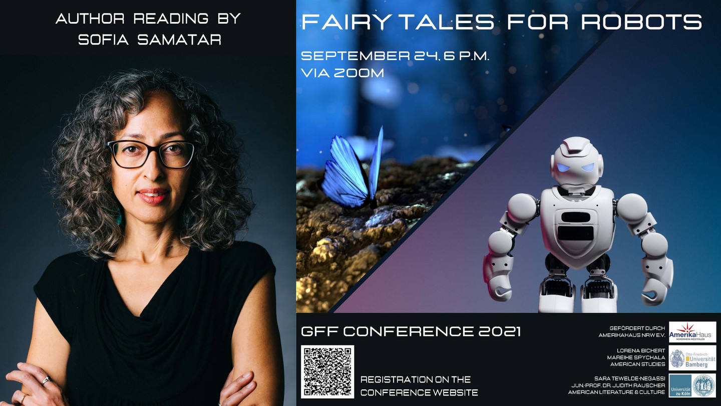 Poster of the Author Reading with Sofia Samatar, showing the author as well as strange plants and a robot.