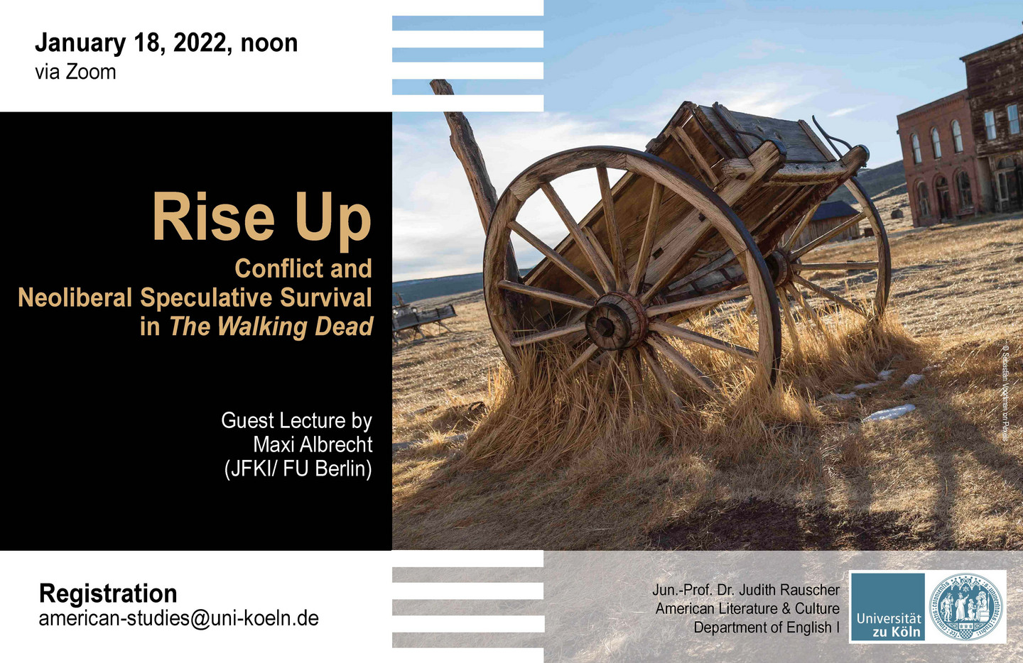 Poster of Guest Lecture depicting a broken carriage in a western town