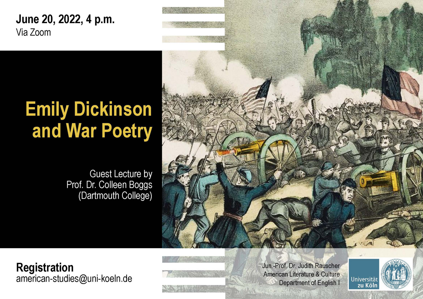 Poster of the Guest Lecture "Emily Dickinson and War Poetry" featuring a painted scene of the Battle of Gettysburg
