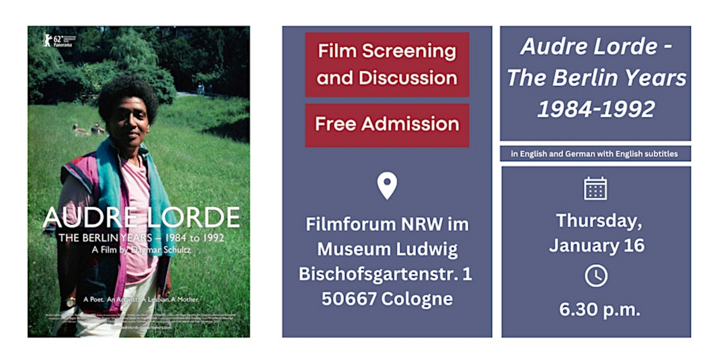 Poster of the event featuring a photo of Audre Lorde in a Park in Berlin