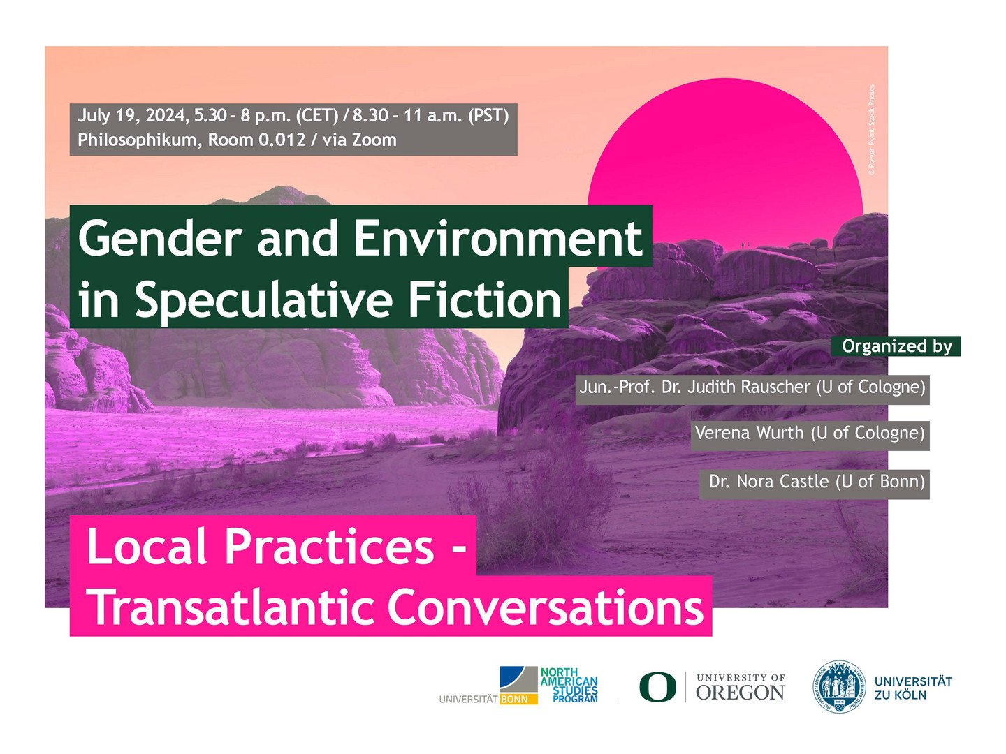 Poster of the workshop, featuring a landscape colored in pinks and purples