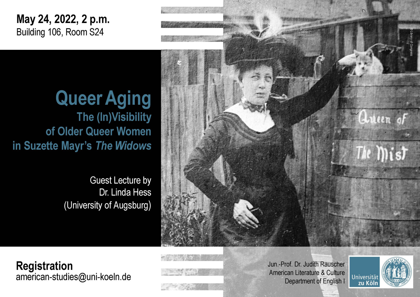 Poster for the Guest Lecture on "Queer Aging: The In/Visibility of Older Queer Women in Suzanne Mayr's 'The Widows'" featuring a photo of Annie Edson Taylor with the barrel she used to ride down Niagara Falls