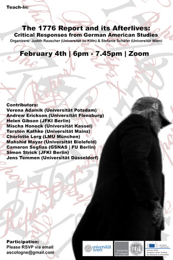 Poster of the Teach-In on the 1776 report with an image of Trump walking away, his head hanging and his face obscured by shadows.