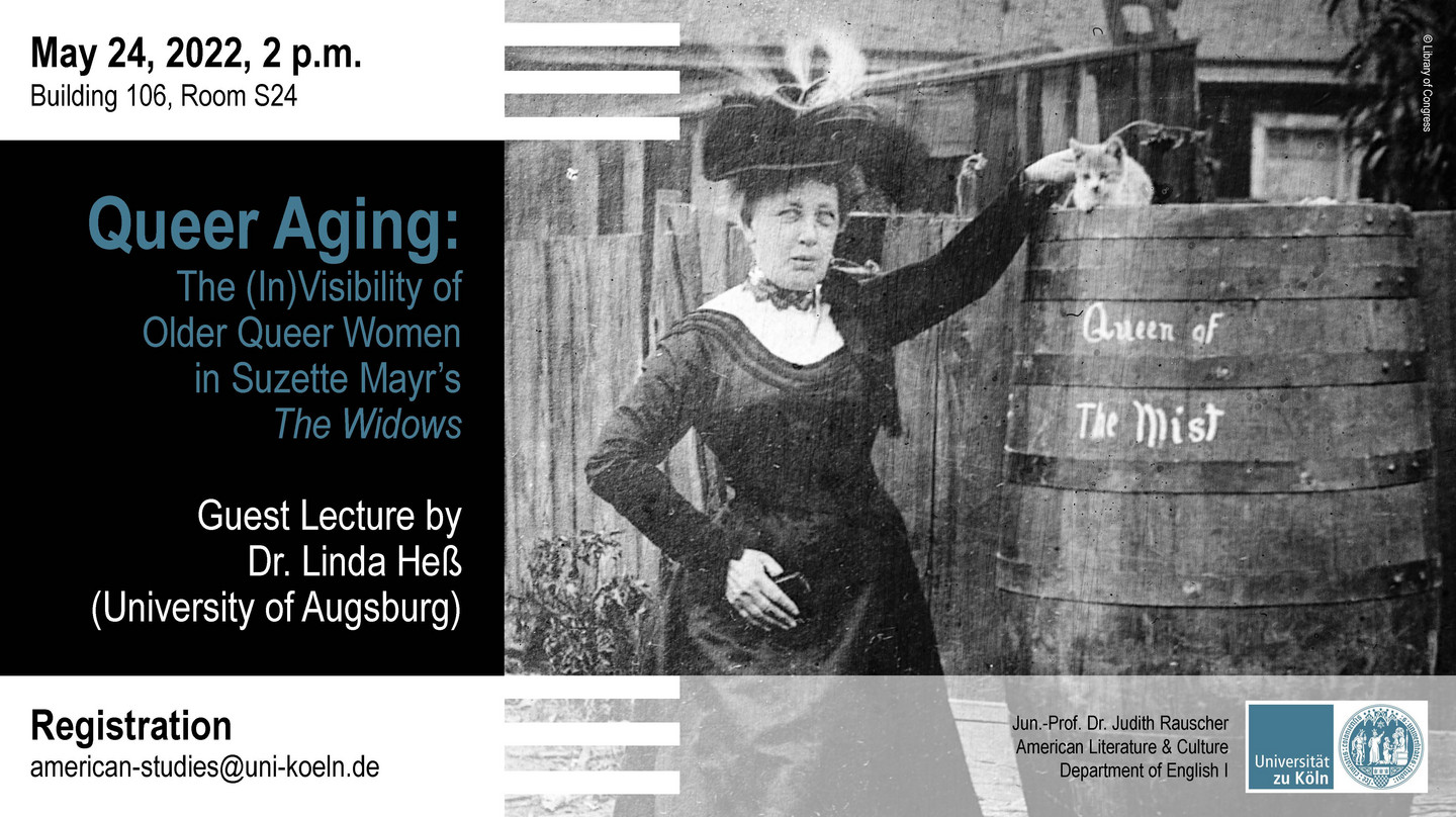 Poster of the guest lecture, featuring a photo of Annie Edson Taylor posing with the barrel she used to ride down Niagara Falls.